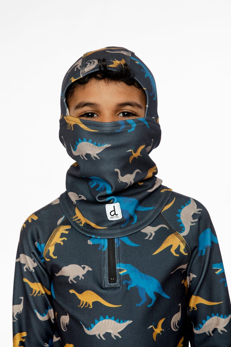 Dinosaur Brushed Jersey Reflective Stretch Balaclava, Alternate, color, Grey and Blue Dinosaur Print