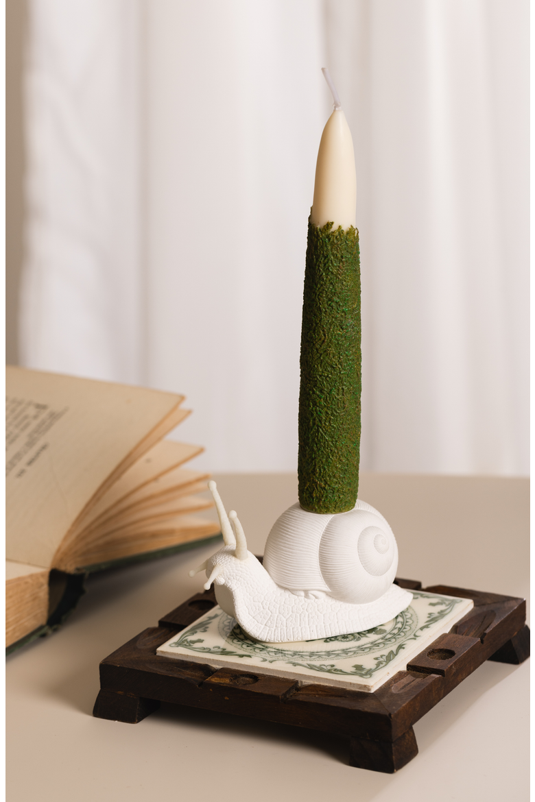 Snail Candle Holder with Moss Taper Candles, Alternate, color, Off-white / Dark Green