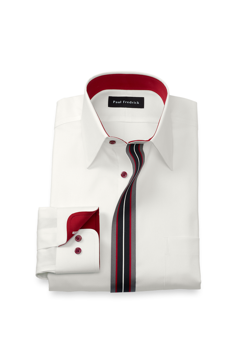 Paul Fredrick Slim Fit Non Iron Point Collar Dress Shirt with Striped Trim, Main, color, White/Blue