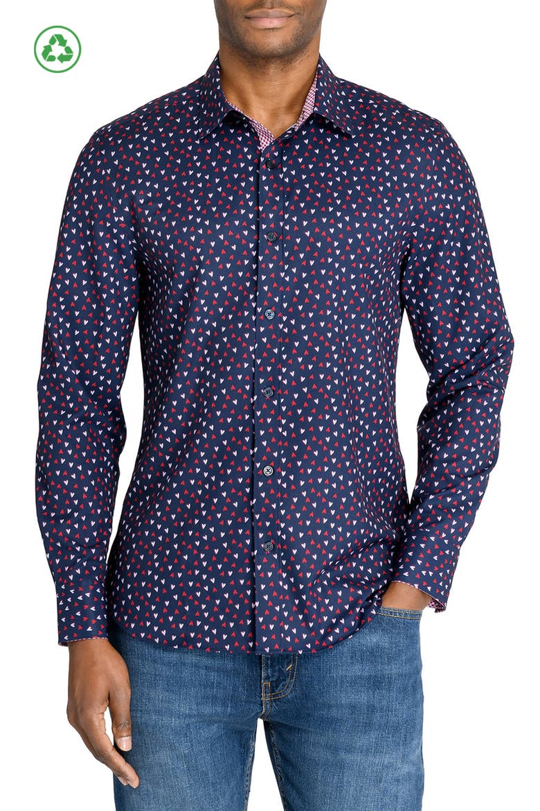 Slim Fit Mini Hearts Recycled 4-Way Stretch Performance Long Sleeve Shirt, Main, color, NAVY/RED