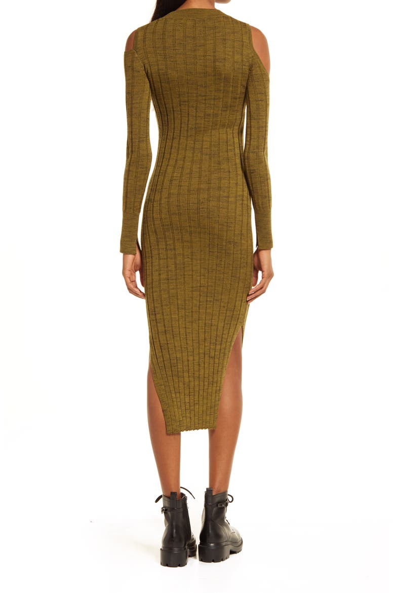 Daina Cold Shoulder Merino Wool Sweater Dress, Alternate, color, KHAKI BLACK TWIST