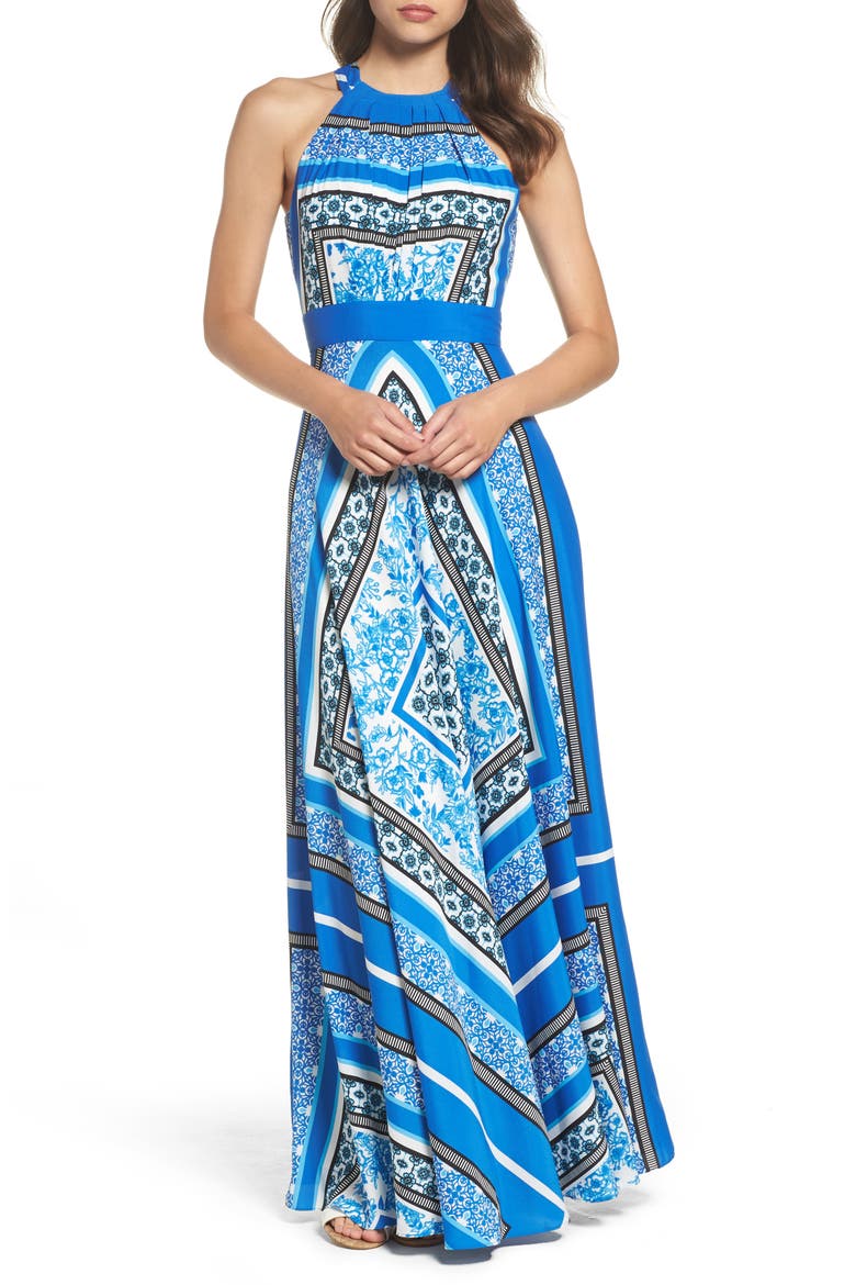 Scarf Print Halter Crêpe de Chine Maxi Dress, Alternate, color, BLUE