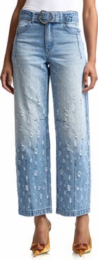 Avec Les Filles Distressed Darted High Waist Wide Leg Jeans