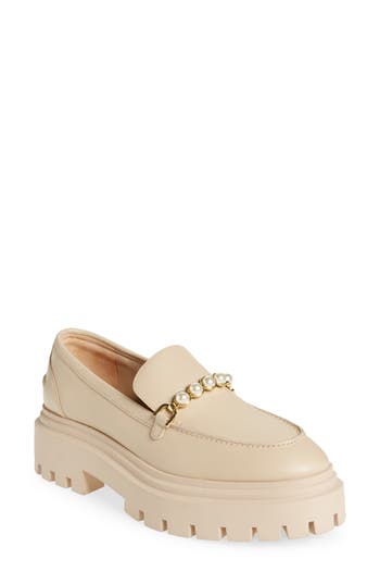 Stuart Weitzman Perla Imitation Pearl Lug Sole Loafer In Museline Tonal