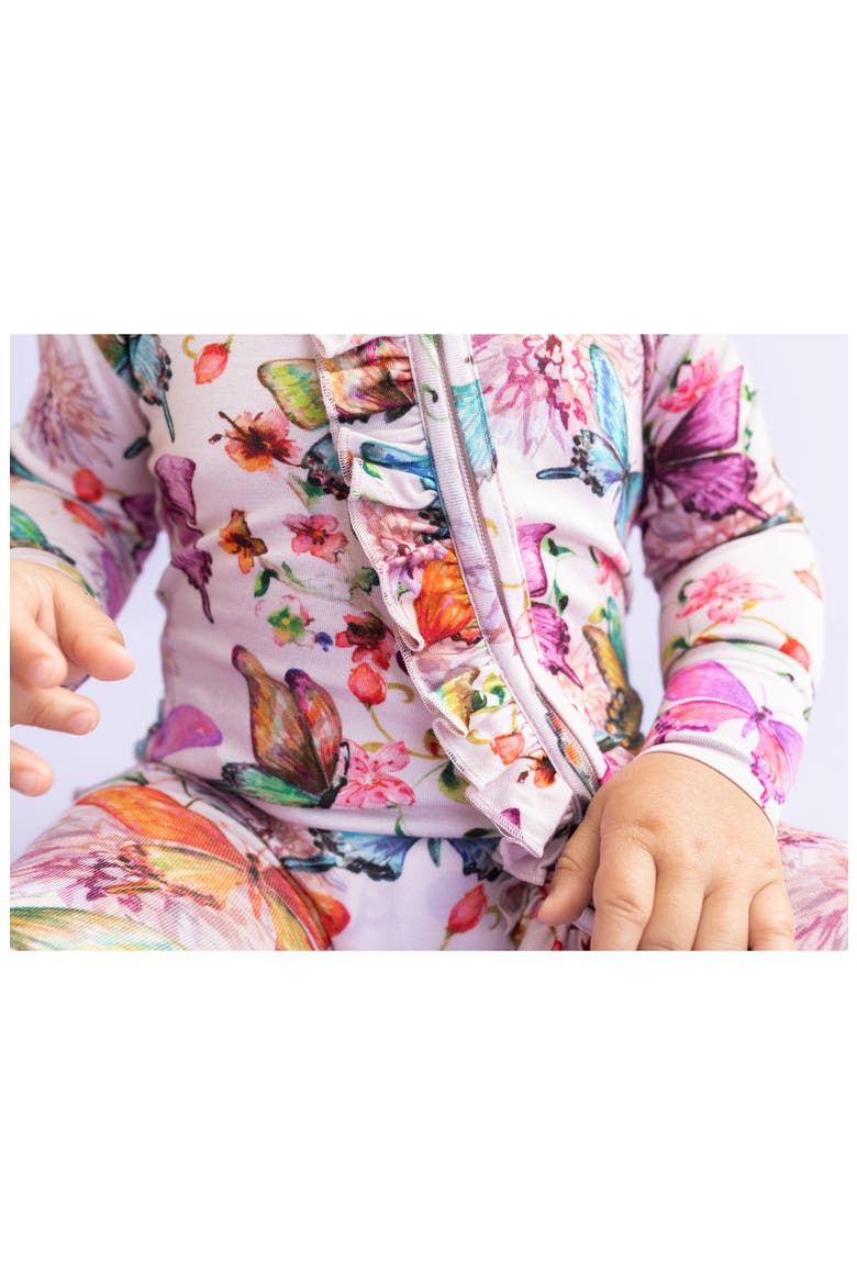 Watercolor Butterfly Ruffle Fitted Footie Pajamas, Alternate, color, OPEN PINK