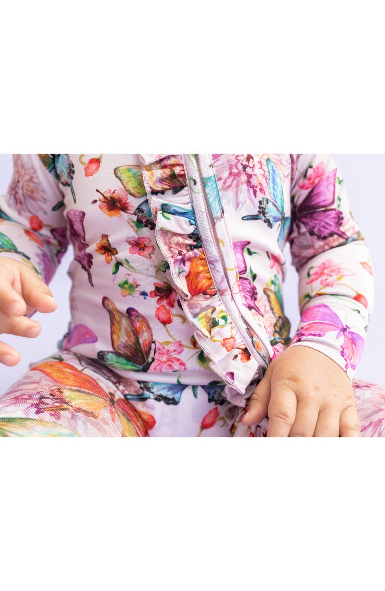 Posh Peanut Watercolor Butterfly Ruffle Fitted Footie Pajamas, Alternate, color, Open Pink