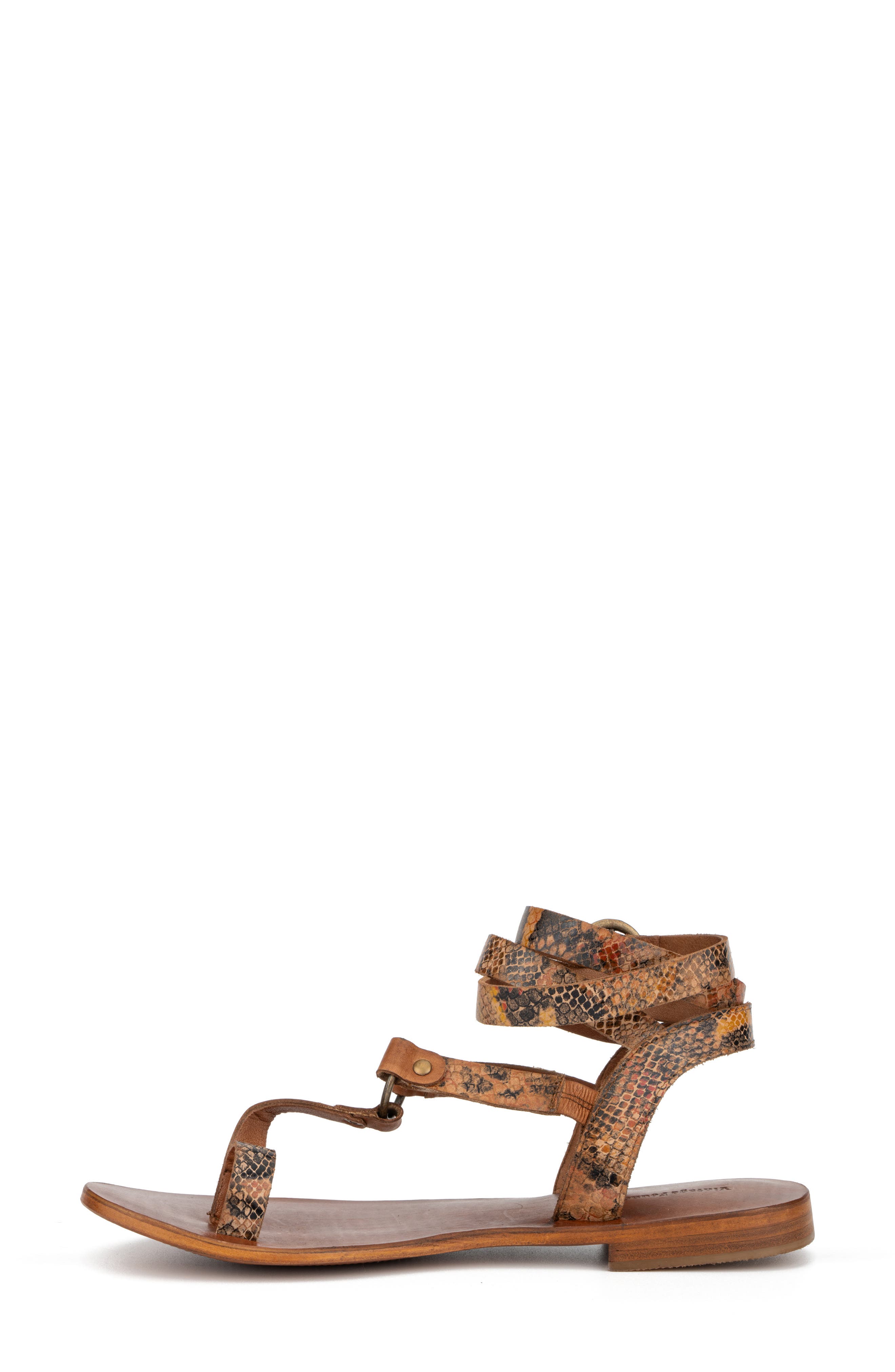 VINTAGE FOUNDRY Vina Snake Embossed Leather Ankle Strap Flat Sandal, Alternate, color, Tan