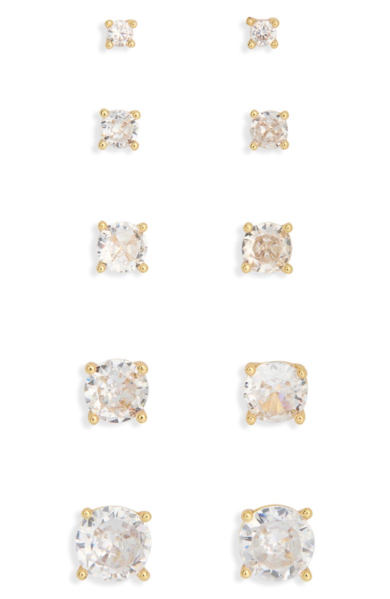NORDSTROM RACK Assorted 5-Pack Cubic Zirconia Round Stud Earrings, Main, color, Clear- Gold