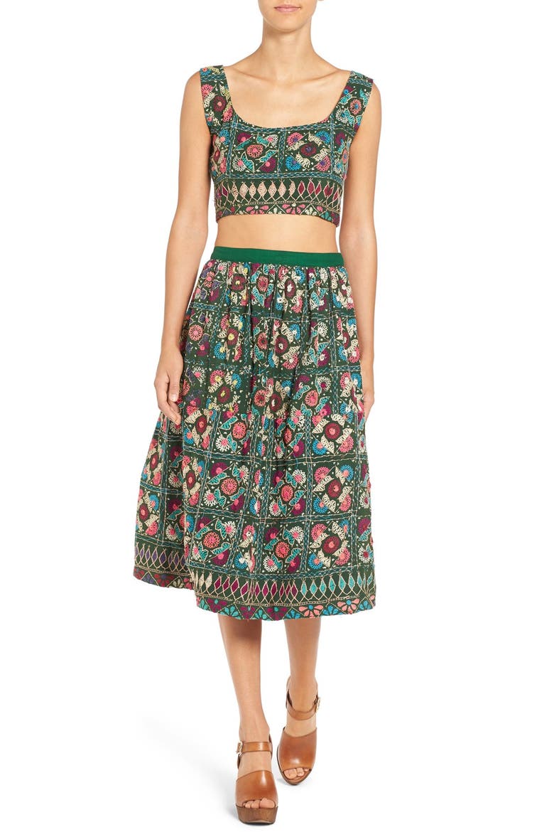 Jaipur Print Crop Top & Midi Skirt Set, Alternate, color, TURQUOISE/ MULTI