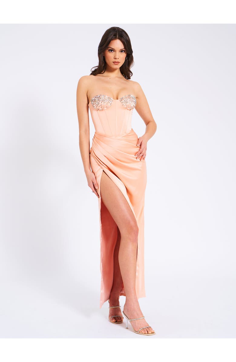 Miss Circle Amelia Satin Corset Slit Gown With Crystal Embellished, Alternate, color, Blush