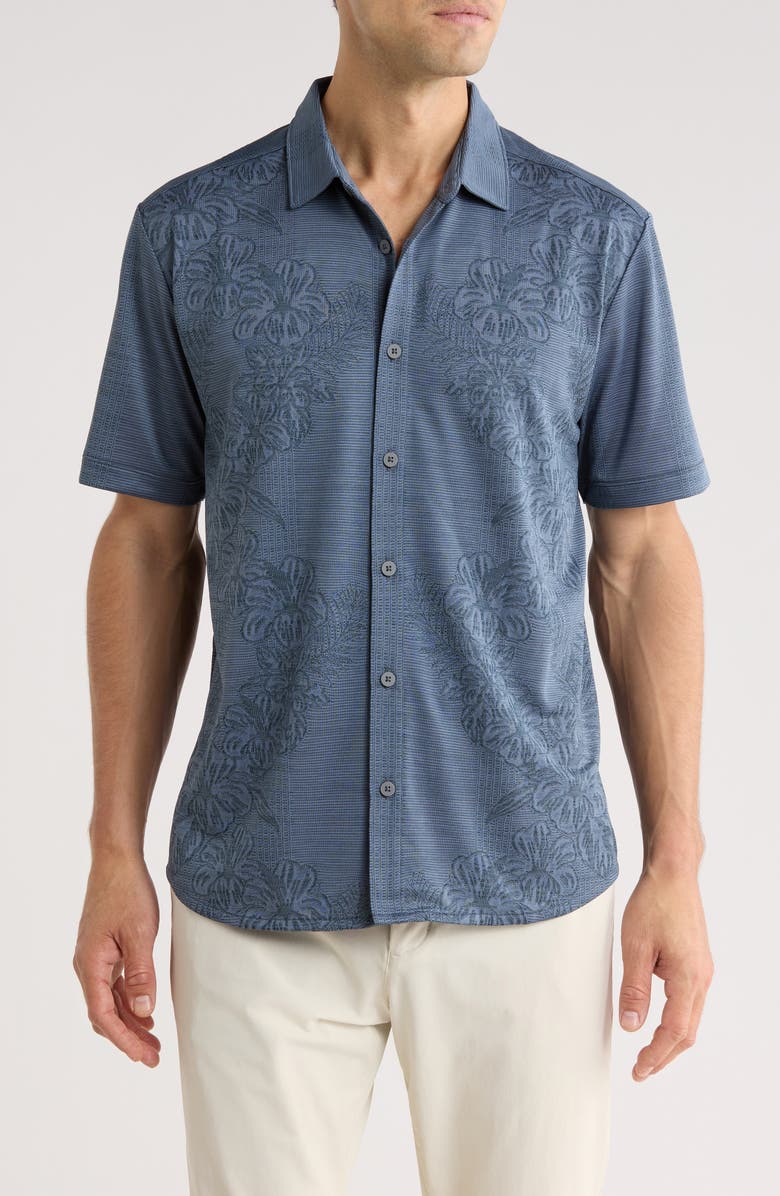 Tommy Bahama Palm Coast Cascade Vines IslandZone<sup>®</sup> Performance Short Sleeve Knit Button-Up Shirt, Main, color, Dark Twilight