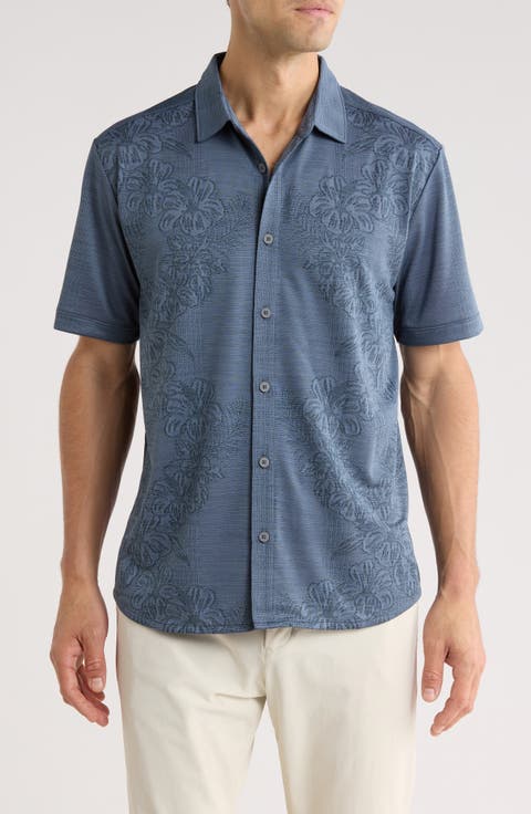 Palm Coast Cascade Vines IslandZone® Performance Short Sleeve Knit Button-Up Shirt