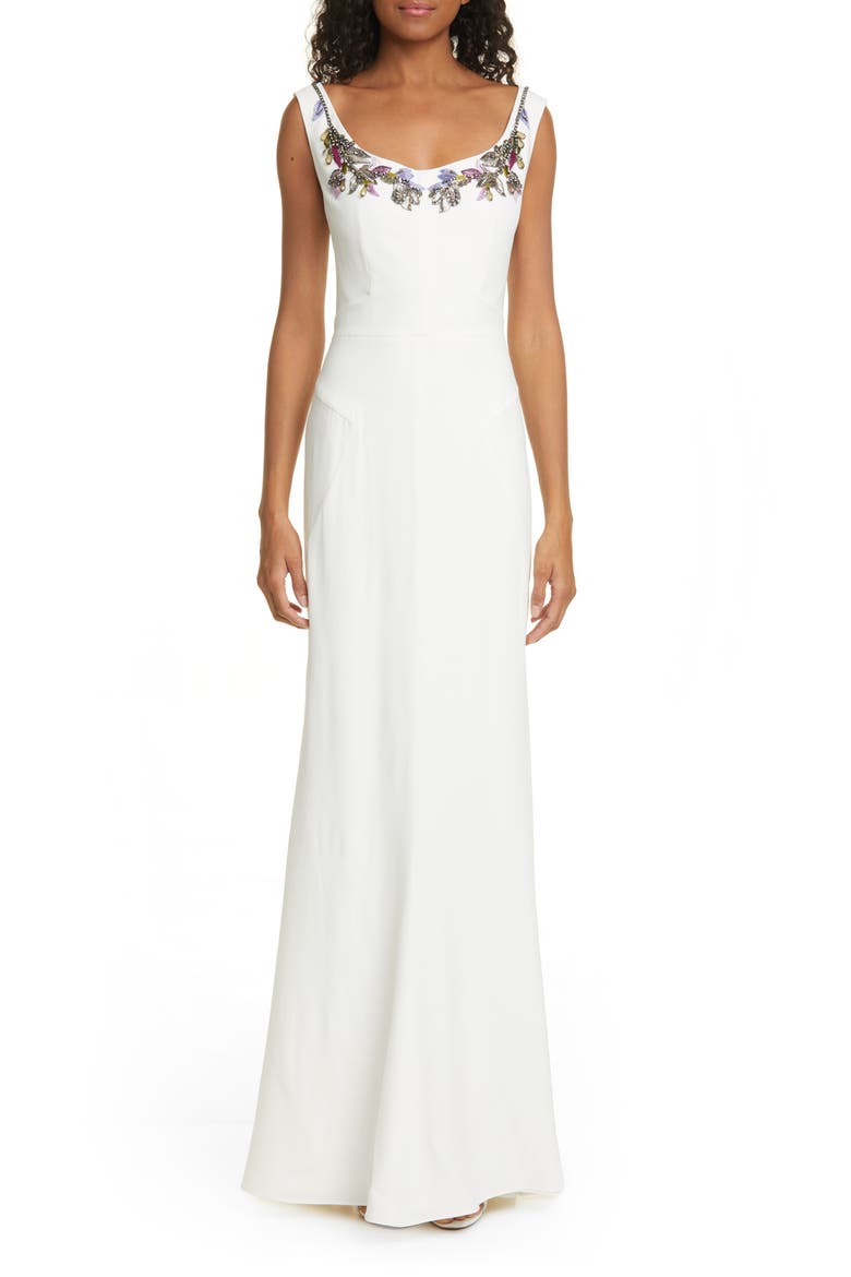 Alexander McQueen Embellished Neck Crepe Sheath Gown, Main, color, LIGHT IVORY