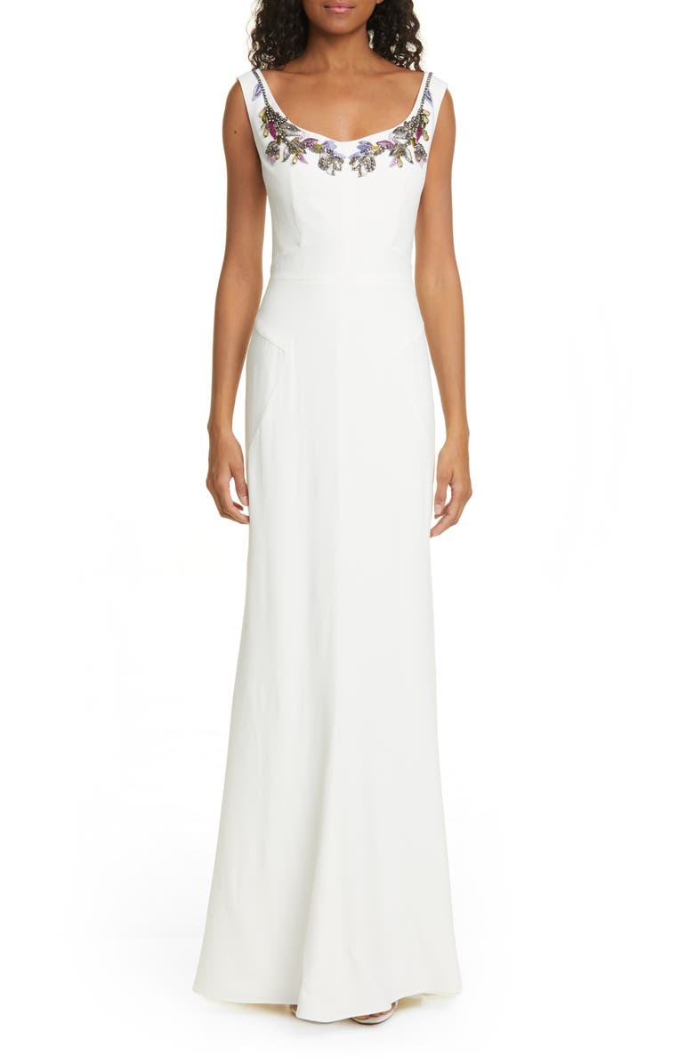 McQueen Alexander McQueen Embellished Neck Crepe Sheath Gown, Main, color, 