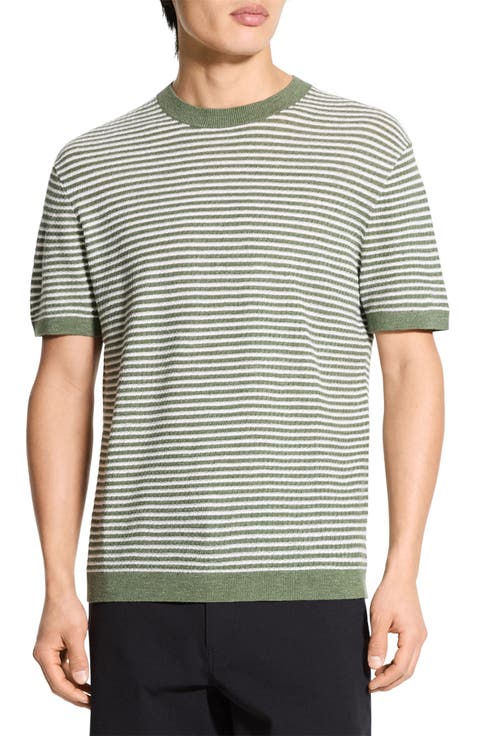 Stripe Short Sleeve Linen & Cotton Blend Crewneck Sweater