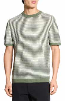 Theory Stripe Short Sleeve Linen & Cotton Blend Crewneck Sweater