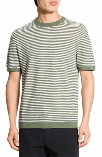 Theory Stripe Short Sleeve Linen & Cotton Blend Crewneck Sweater