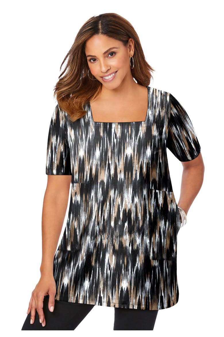 Stretch Cotton Square Neck Tunic, Main, color, BLACK ABSTRACT IKAT