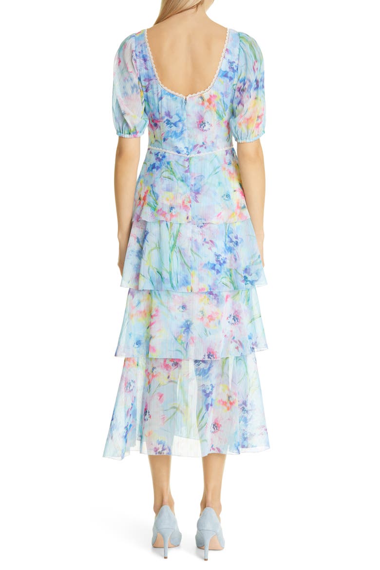 Floral Puff Sleeve Tiered Midi Dress, Alternate, color, PERIWINKLE