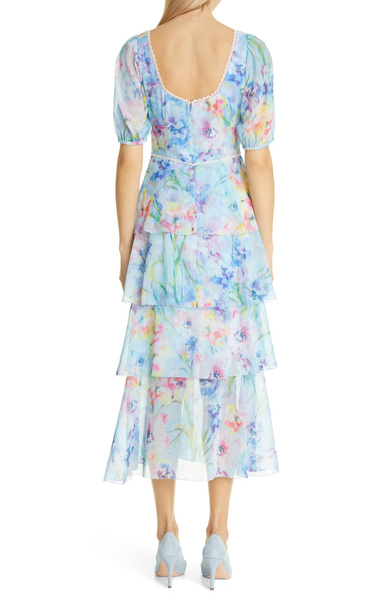 Marchesa Notte Floral Puff Sleeve Tiered Midi Dress, Alternate, color, 