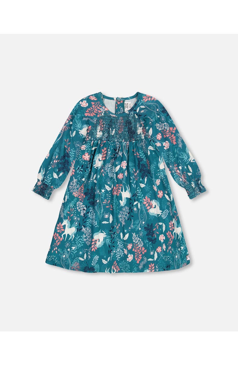 Deux par Deux Girl's Puffy Long Sleeve Viscose Dress Turquoise Printed Fairy Unicorn, Main, color, 