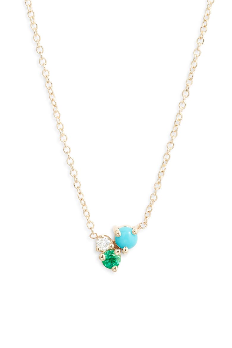 14K Gold Mixed Stone & Diamond Cluster Pendant Necklace, Main, color, TURQUOISE/EMERALD/DIAMOND/GOLD