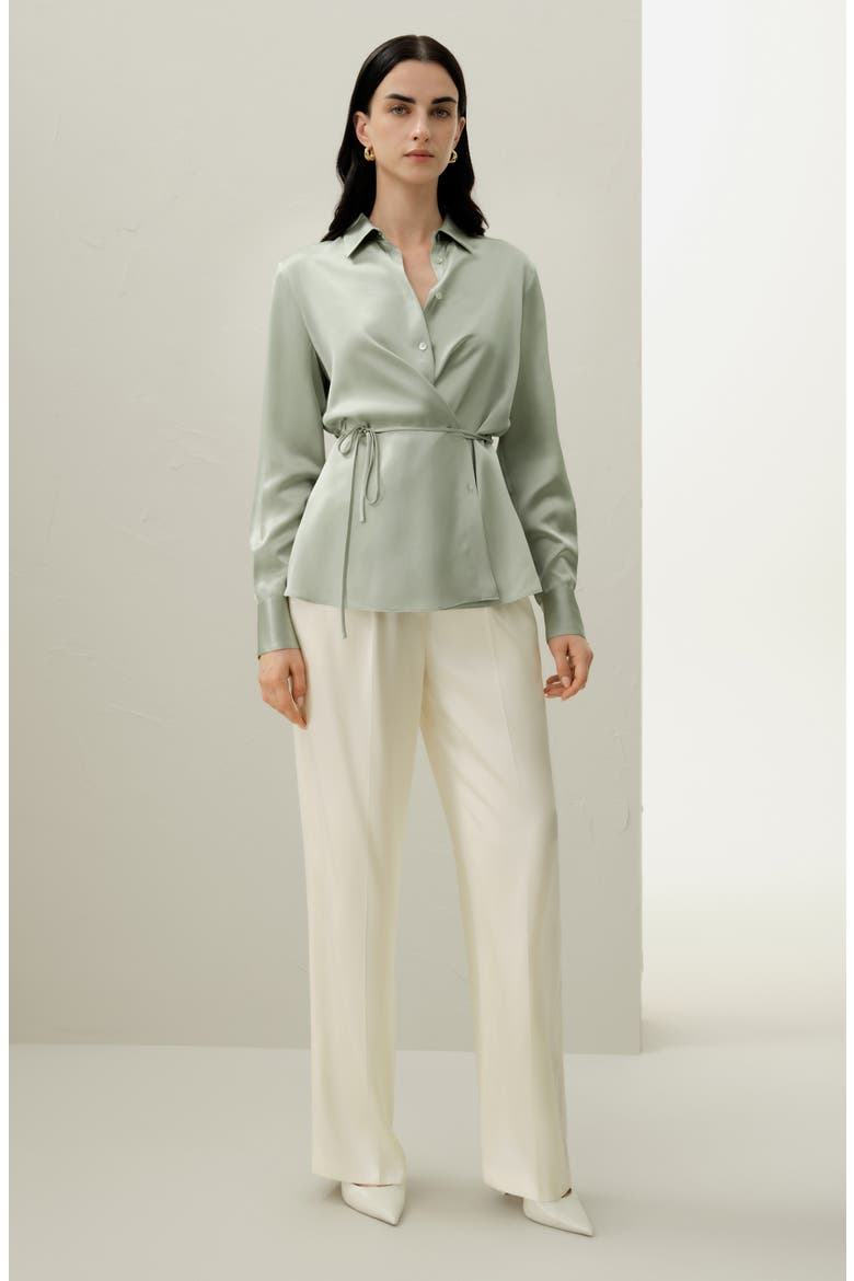 Women's Convertible Silk Charmeuse Shirt, Alternate, color, Pale Turquoise