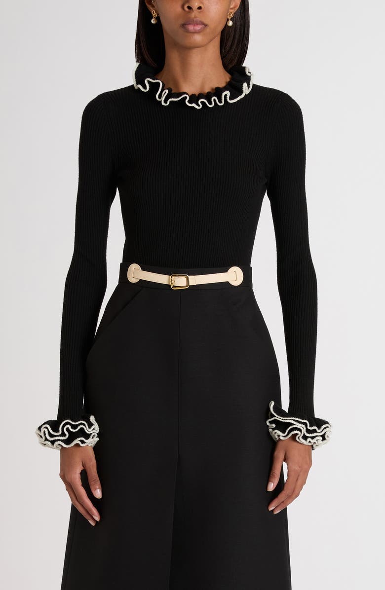 Valentino Garavani Ruffle Trim Rib Virgin Wool Sweater, Main, color, Ivory/ Black