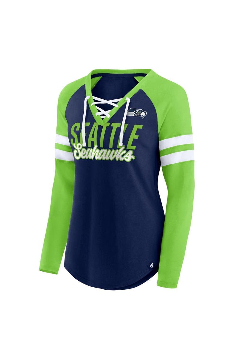 FANATICS Women's Fanatics Branded College Navy/Neon Green Seattle Seahawks True to Form Raglan Lace-Up V-Neck Long Sleeve T-Shirt, Alternate, color, Navy