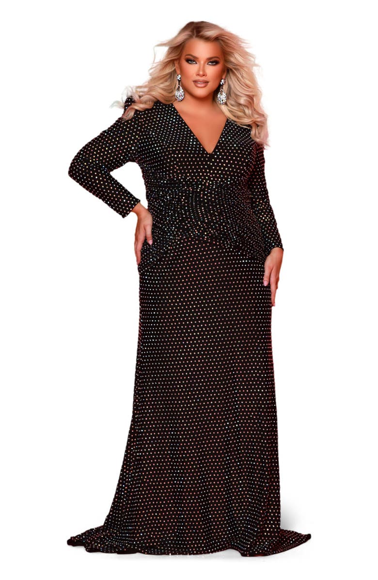 Johnathan Kayne for Sydney's Closet Ruched Long Sleeve V-Neck Plus Size Evening Gown, Main, color, Moonstone
