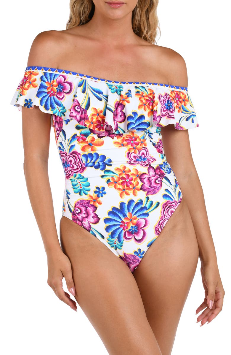 La Blanca Paradiso Ruffle Off the Shoulder One-Piece Swimsuit, Main, color, Multi
