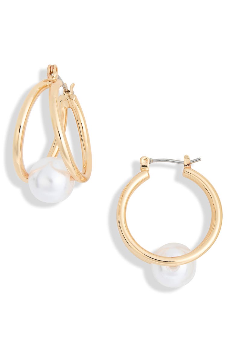 Faux Pearl Caged Hoop Earrings, Main, color, WHITE- GOLD