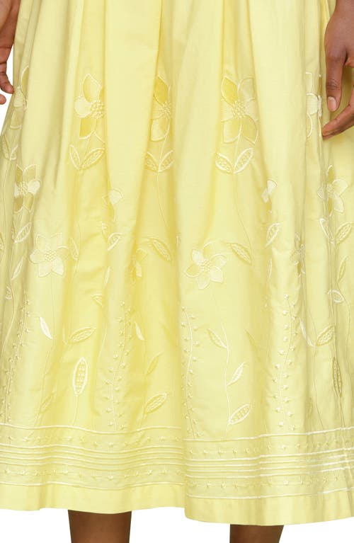 Shop Avec Les Filles Floral Embroidered Pleated Cotton Midi Skirt In Citron