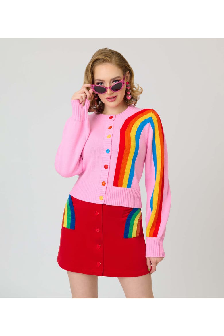 1950s Cropped Cardigan, Alternate, color, Pink w/ Rainbow Print