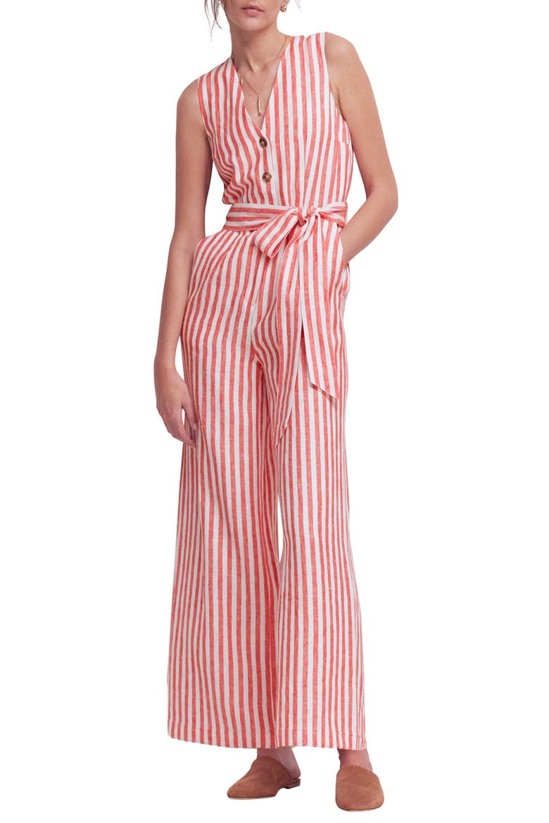 Laura Stripe Linen Jumpsuit, Main, color, RED STRIPE