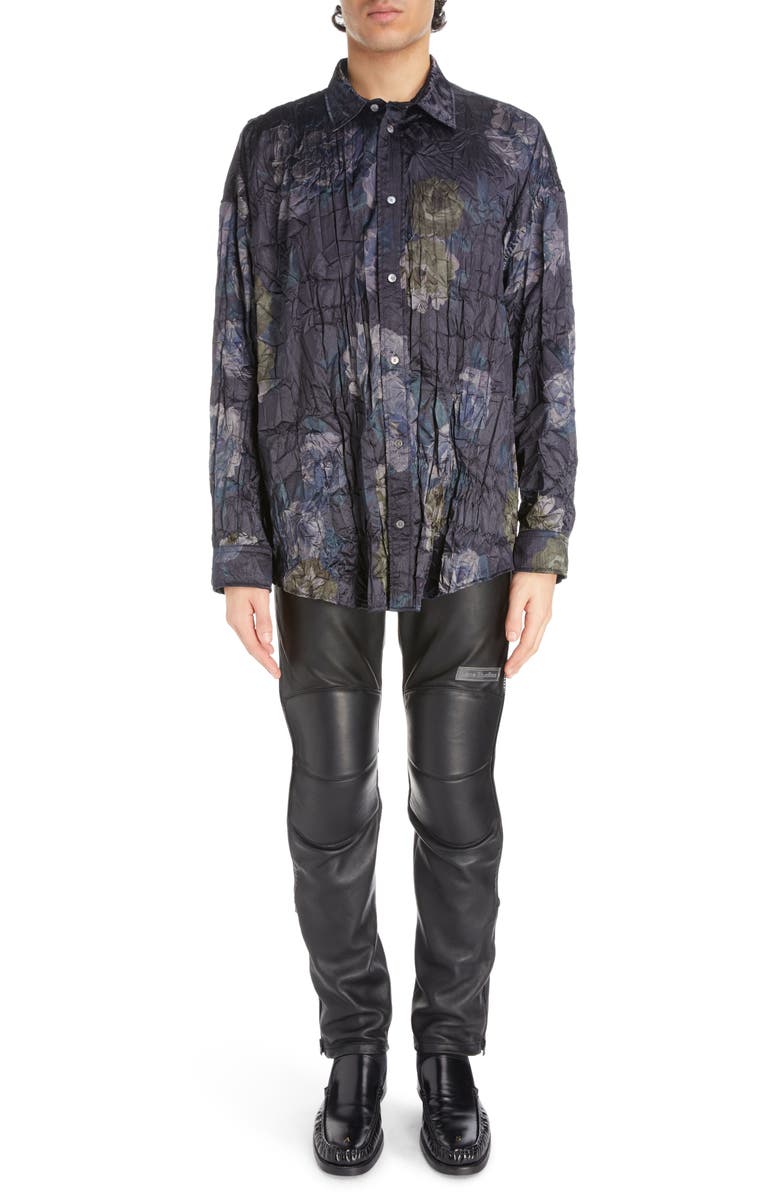 Acne Studios Floral Print Crinkled Satin Button-Up Shirt, Alternate, color,
