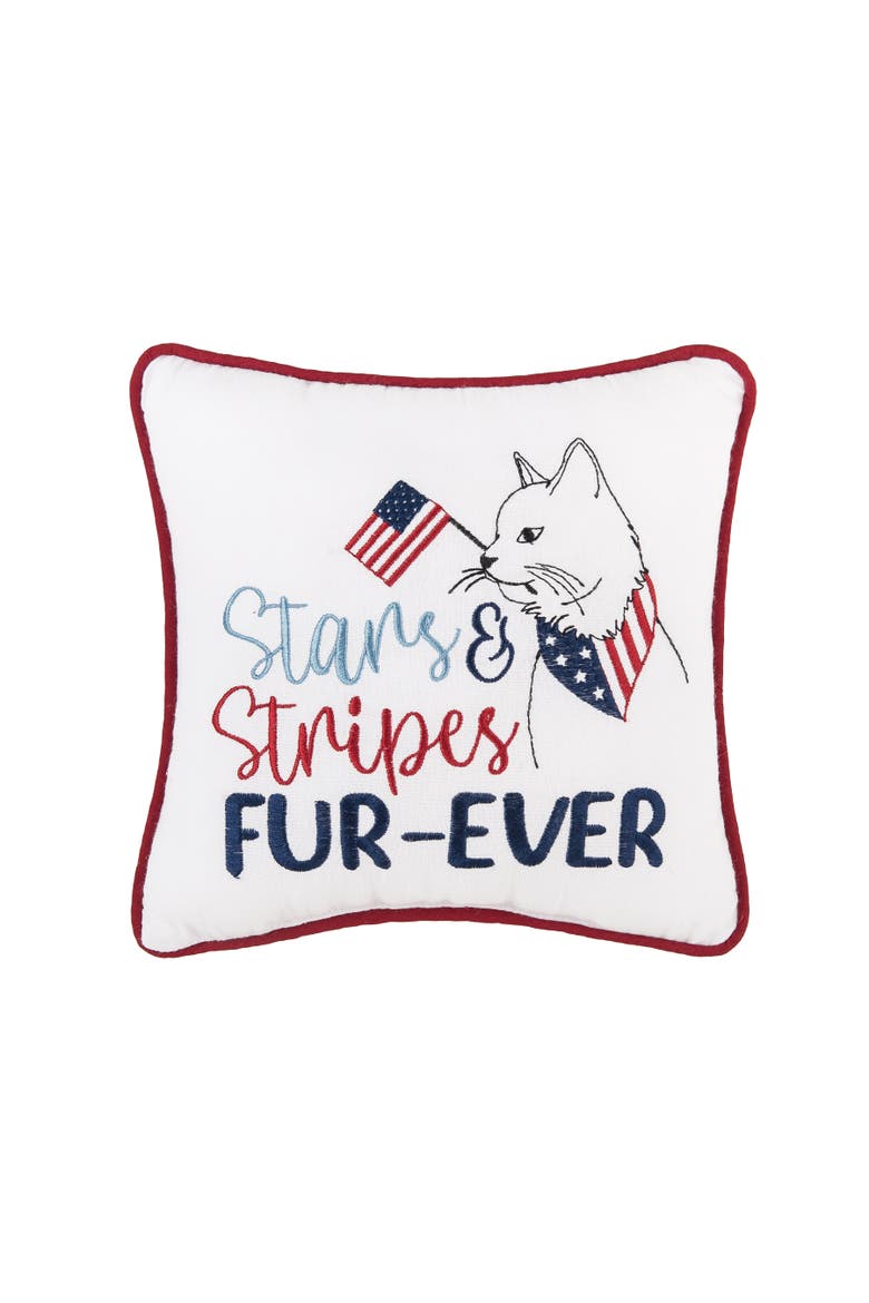 Patriotic Stars & Stripes Fur-Ever Cat Mini Embroidered Accent Pillow, 10" x 10", Main, color, White