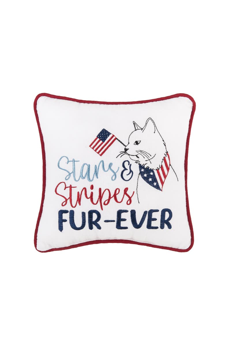 C&F Home Patriotic Stars & Stripes Fur-Ever Cat Mini Embroidered Accent Pillow, 10" x 10", Main, color, White