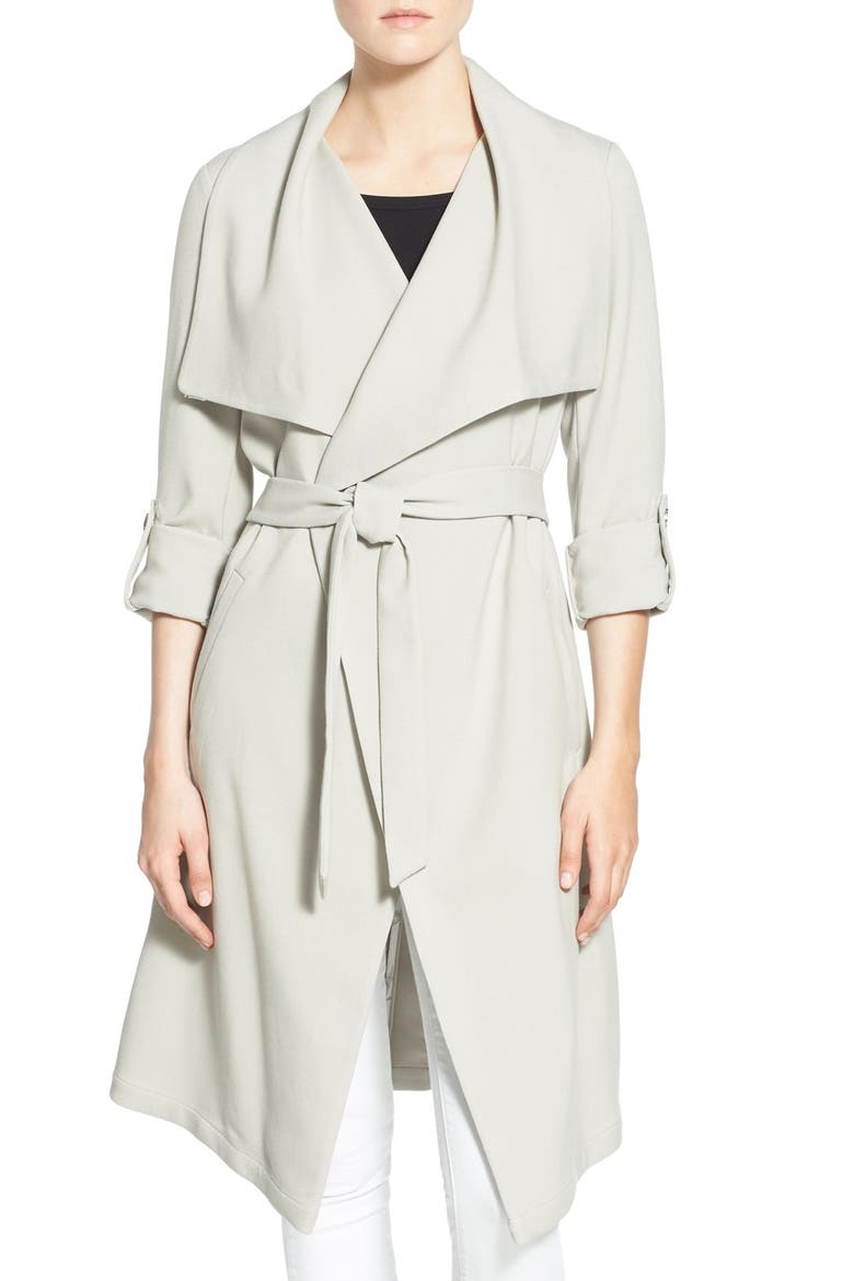 Roll Sleeve Drape Front Long Trench Coat, Main, color, PEBBLE