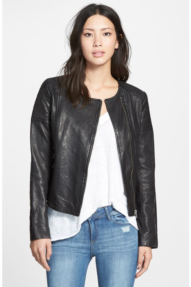 'Trudy' Collarless Lambskin Leather Biker Jacket, Main, color, BLACK