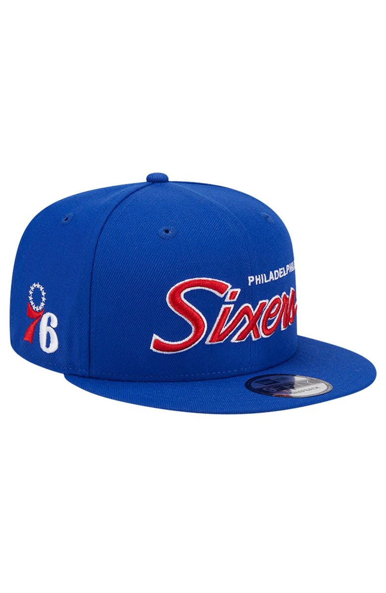 New Era Men's New Era Royal Philadelphia 76ers Evergreen Script Side Patch 9FIFTY Snapback Hat, Main, color, 