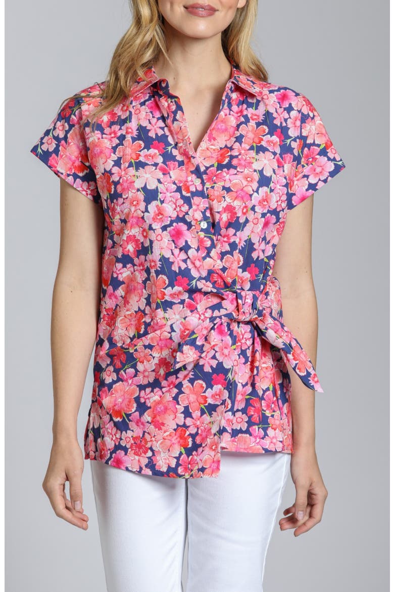 Floral Side Tie Cotton Button-Up Shirt, Main, color, BLUE/ PINK MULTI