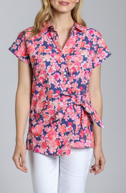 Floral Side Tie Cotton Button-Up Shirt