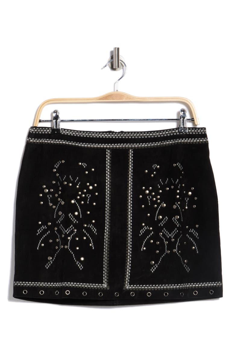Embroidered Suede Miniskirt, Alternate, color, BLACK