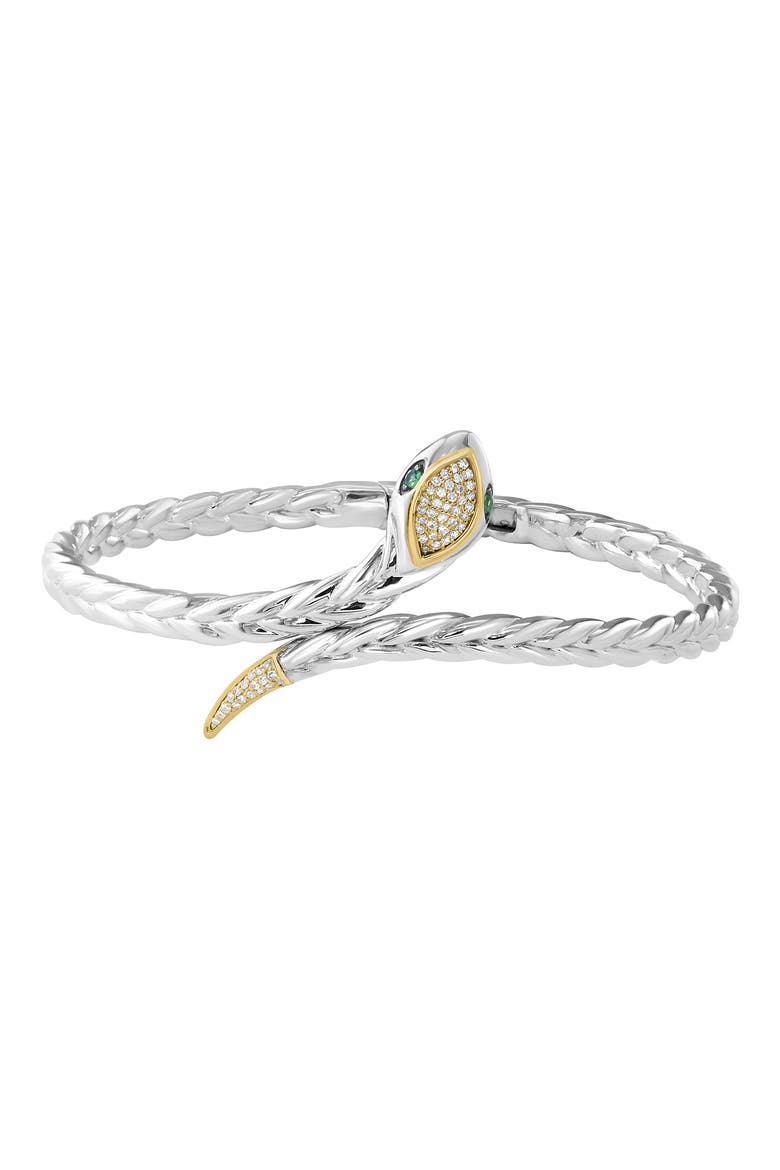 Sterling Silver & 14k Gold Diamond & Tsavorite Snake Bypass Bangle, Main, color, WHITE