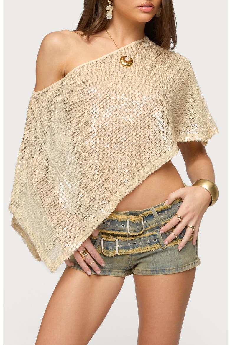 Alanna Sequin Open Stitch Poncho, Main, color, GOLD