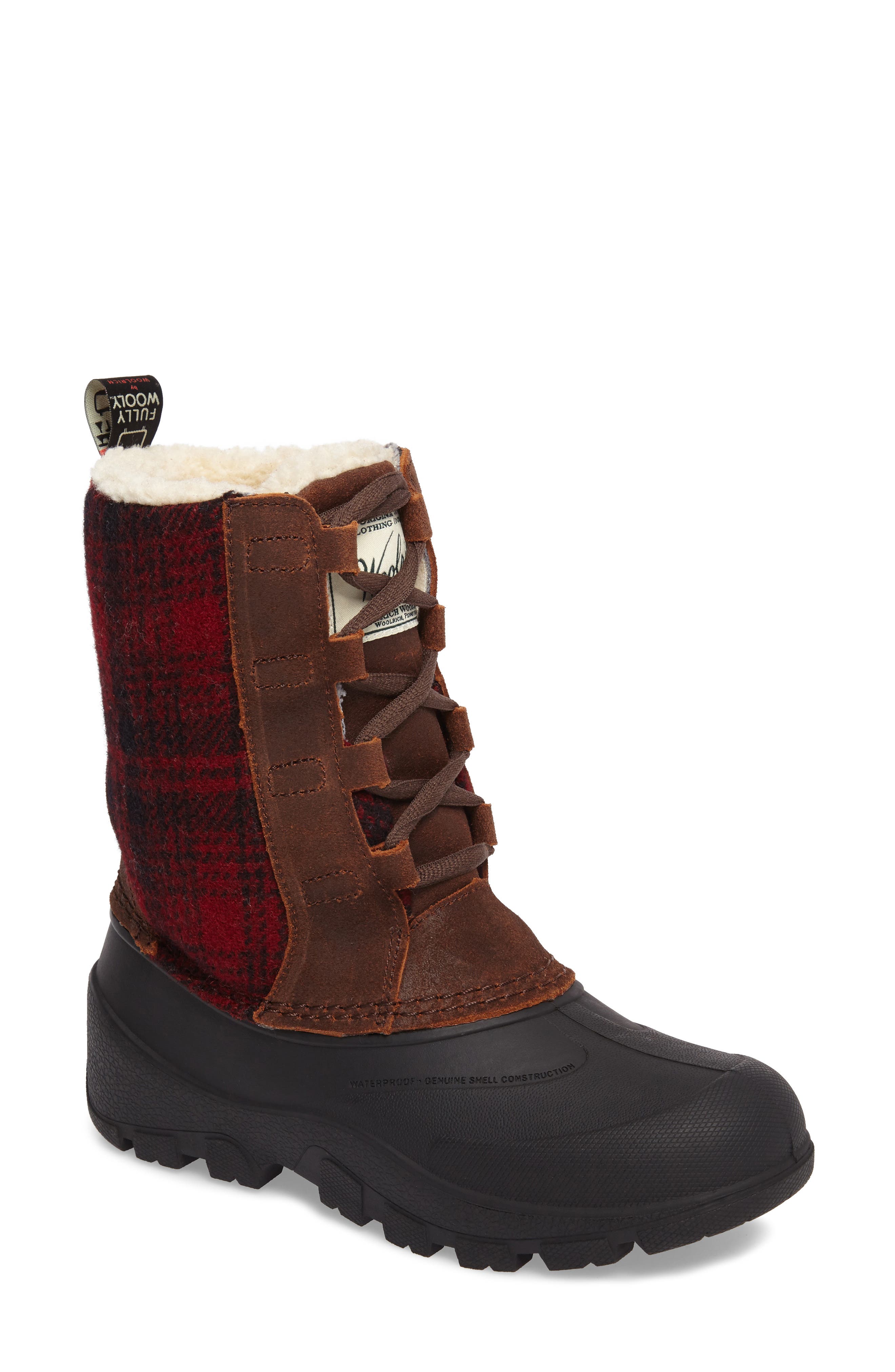 Fully Wooly Tundracat Waterproof Insulated Winter Boot, Main, color, COCONUT/ RED PLAID LEATHER
