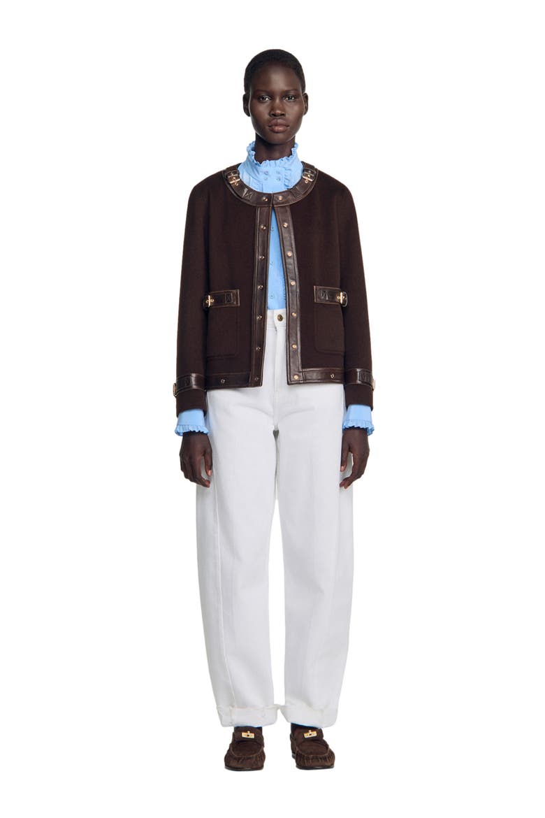 Short coat with leather details, Main, color, Brown