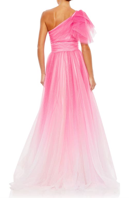 Mac Duggal Glitter Ombre Ruffled One Shoulder Ballgown In Hot Pink Ombre