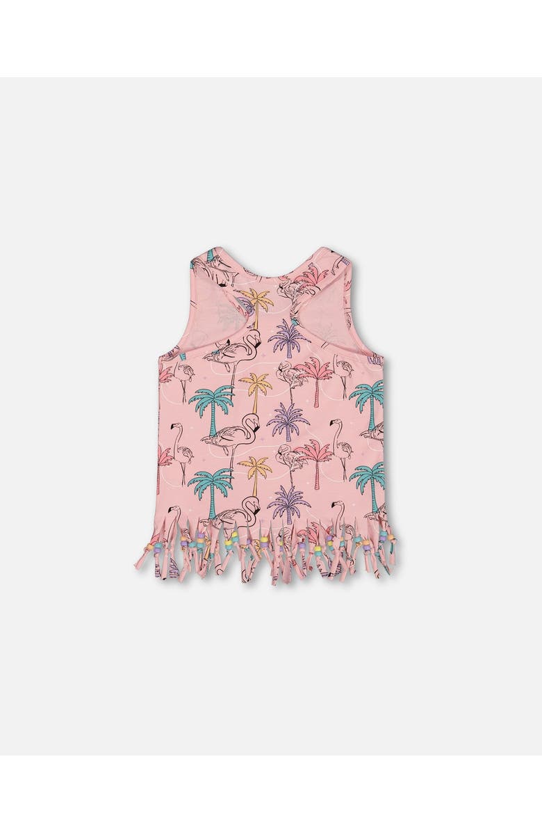 Deux par Deux Girl's Printed Organic Cotton Tank Top With Fringe Palm Trees, Pink Flamingo, And Turquoise, Alternate, color, 
